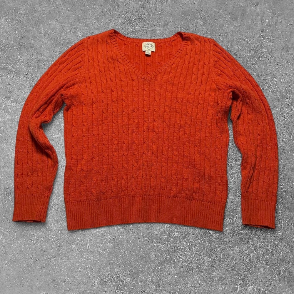 St. Johns Bay Orange Cable Knit Cotton Nylon V-Neck Sweater Womens XL